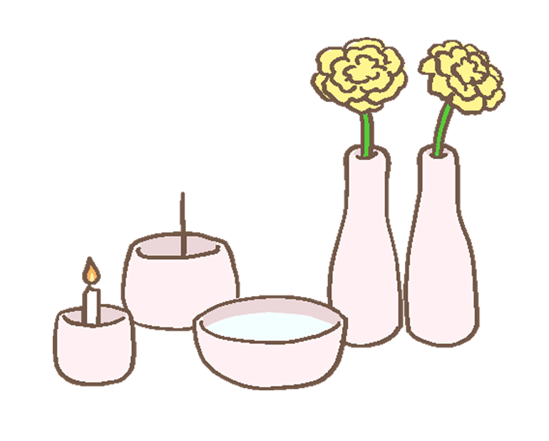生花、お水、ろうそく、お線香